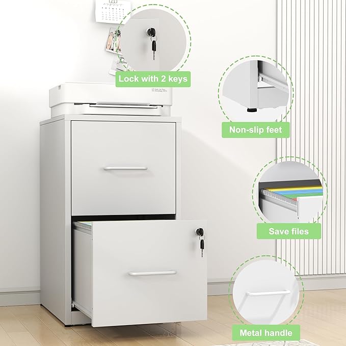 IKIMI 2 Drawer File Cabinet with Lock,White Metal Filing Cabinets for Home Office,Steel Vertical File Cabinet,Heavy Duty Metal Storage Cabinet for Letter Size Files,Assembly Required