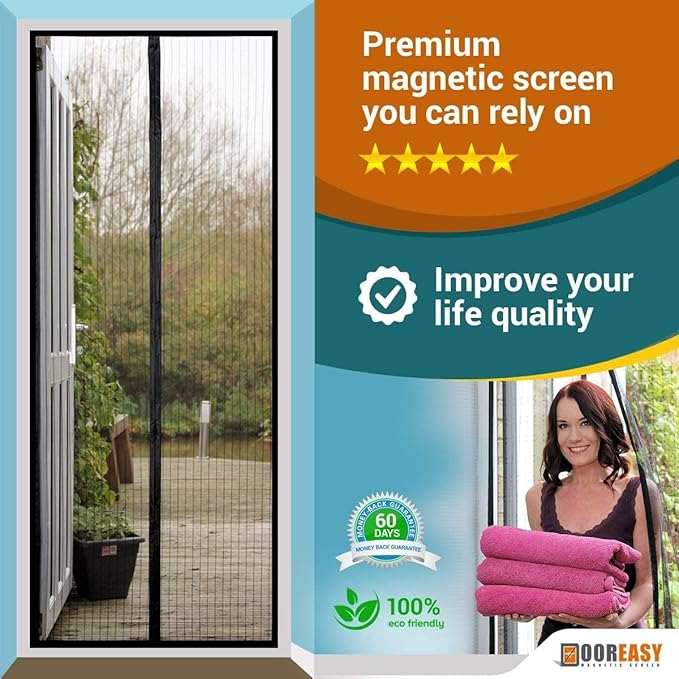 Dooreasy Hands-Free Magnetic Screen Door Polyester Mesh, Full Frame Loop Sewn,Quick Close No Slightest Gap, Fits Door Opening Up to 34"x95"