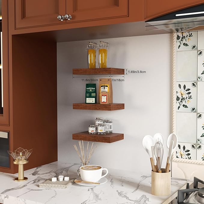 Floating Shelves, Walnut-Like Wooden Set of 3 Wall Mounted Bathroom Shelves Over Toilet, Modern Small Hanging Shelves for Bedroom Living Room Kitchen Rustic Home Decor, 12" x 7" x 1.5"