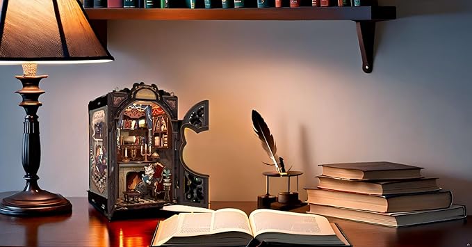 Fsolis Book Nook Kit Cat DIY Miniature Dollhouse Kit, 3D Wooden Puzzles for Adults, 108 Pieces, Bookshelf Diorama Mini Building House, Gift for Women Readers Book Lovers (Count Cat's Study)