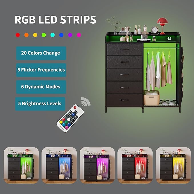 LUMTOK 2-in-1 Dresser with Hanging Racks,5 Fabric Drawers Dressers with LED Lights, Charging Station for Bedroom Living Room, Entryway, Closets (Black)