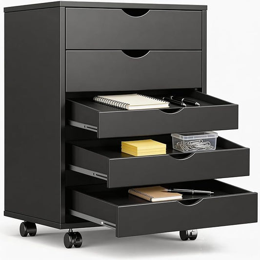 5-Drawer Chest, Office Storage Dresser File Cabinet with Wheels, Mobile Dresser for Home Office, Black