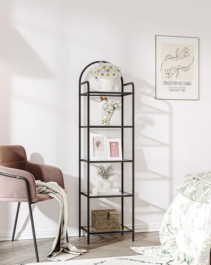 Hzuaneri Bookcase Bookshelf, Tempered Glass Bookshelves, Slim Shelving Unit for Bedroom, Bathroom, Home Office, Steel Frame, 6 Tier Black BC10601B