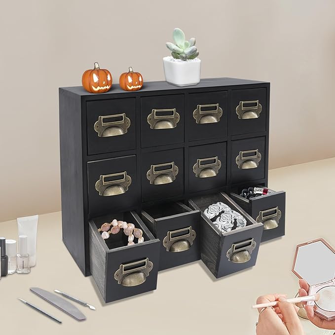 12 Drawer Drawers Storage Cabinet, Wooden Medicine Cabinet Desktop Drawer Organizer Herb Storage Box with Solid Wood Build & No Assembly for organize spices medicines jewelry cosmetics(Black)