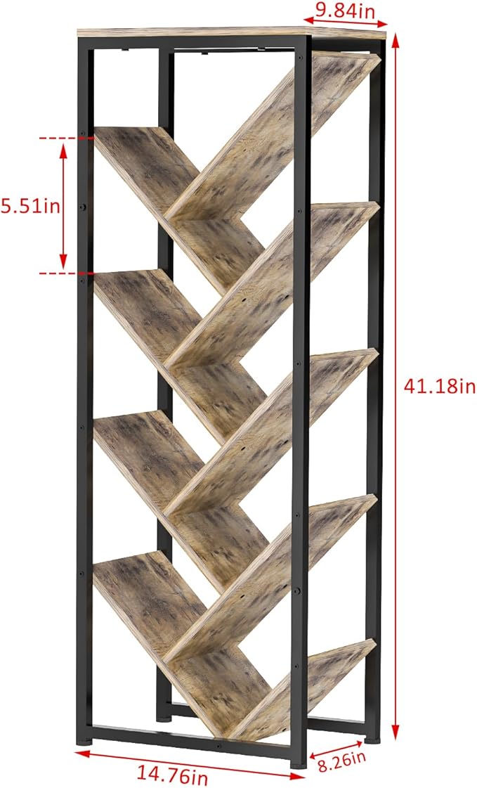 Cutogxon Tree Bookshelf - 9 Tier Floor Standing Bookshelf for Hardcover Books, Small Bookshelf for Small Spaces Wooden Book Storage Organizer Shelves for Bedroom Living Room