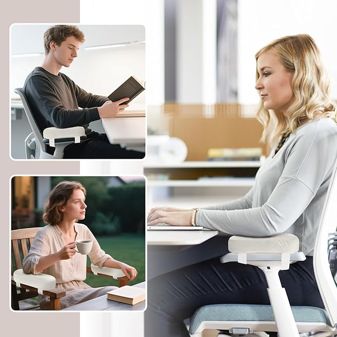 WdFour 2-Pack Non-Slip Armrest Pads for Office & Gaming Chairs - Ergonomic Forearm Support Pillow for Desk, Computer & Wheelchair, Pressure Relief Cushions (Ivory)