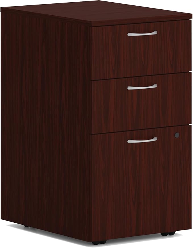 HON MOD 3 Drawer File Cabinet On Wheels, Mobile Pedestal for Filing Cabinets for Home Office, 15" W Portable Storage, Mahogany
