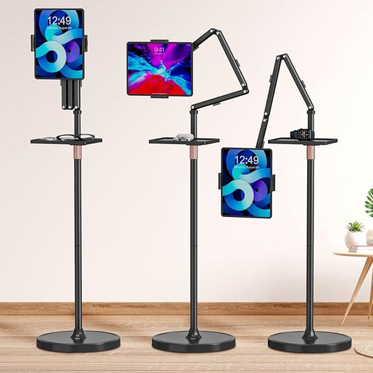 Houele Tablet Floor Stand with Removable Tray, iPad Floor Stand Holder for Bed, Height Adjustable Tablet Mount iPad Holder for 4.7”-15.6” Tablets iPads and Phones