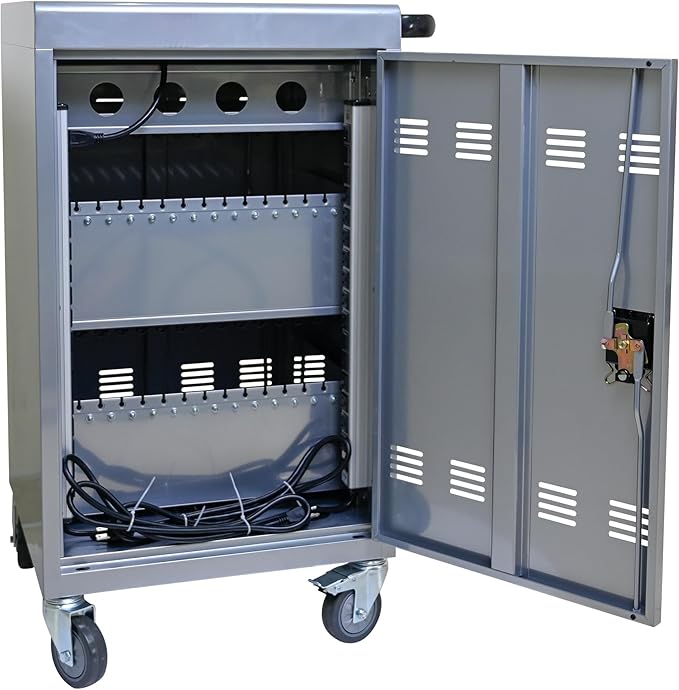 36 Device Charging Cart, Laptop and Tablet Storage Cart, Holds Up to 16.3" with Cord Management, Front and Rear Door Locks, Classroom or Office Charging Cabinet.Silver with 4 Position Power Strip