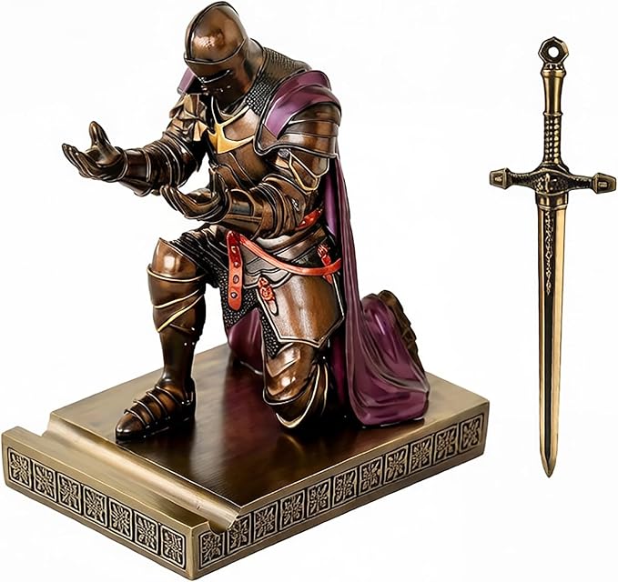 Medieval Armored Warrior Wearing Outerwear, Mobile Phone Stand Knight Pen Holder Desk Organizers, Resin Bookends Paperweight with a Letter Opener for Desk (Brown&Purple)