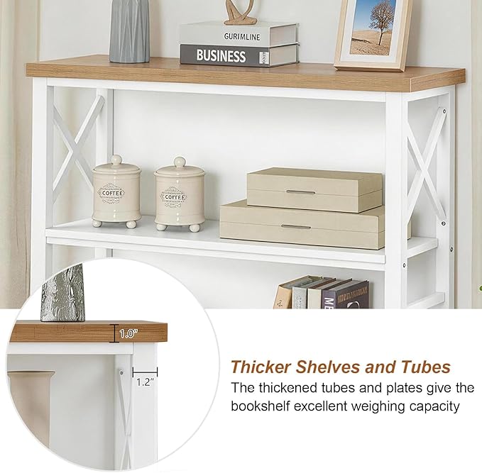 HOMBAZAAR 3-Tier Small Bookshelf, 35.4 Inch Short Book Shelf with Sturdy Metal Frame & Wood Shelves, Rustic Brown and White Industrial Bookcase for Living Room, Bedroom, Office
