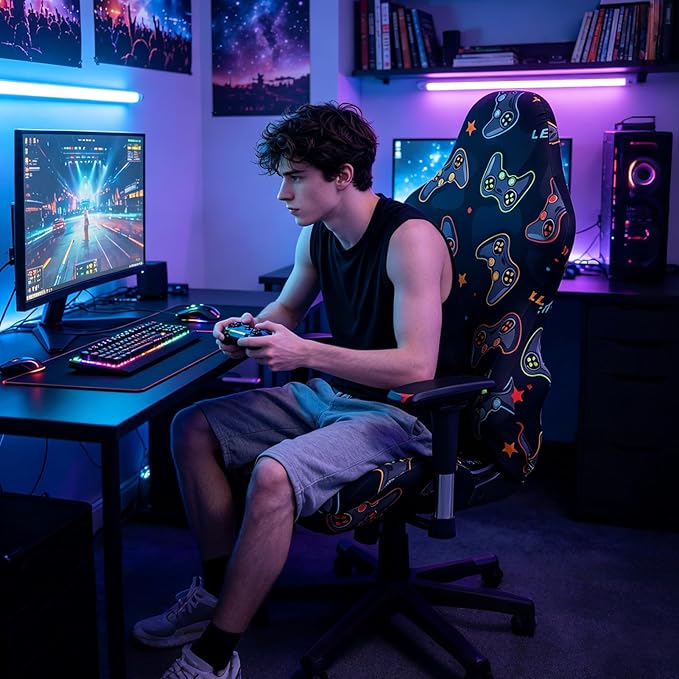 Gaming Chair Covers Slipcovers, 3D Printing Stretchable Elastic Computer Reclining Gaming Chair Seat Cover with Armrest Cover (No Chairs)(A)