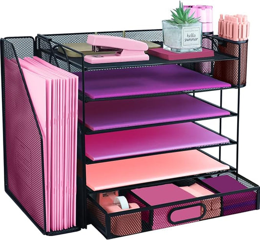 Desk Organizers and Accessories with File Holder, 6-Tier Paper Letter Tray Organiser with Drawer and 2 Pen Holder, Mesh Desktop Document Organizer for Office Supplies, Workspace - Black