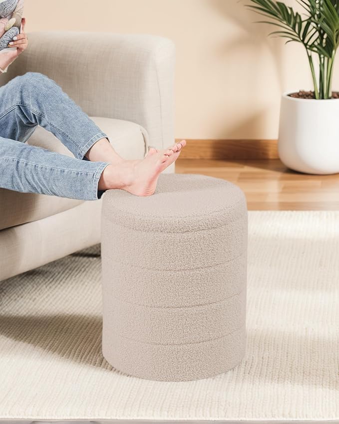 Round Boucle Storage Ottoman, Sherpa Teddy Fabric Ottoman Footstool with Reversible Tray Lid, Folding Footrest with Storage for Living Room, Bedroom, Dorm, Beige, 14.6" x 14.6" x 17.7"