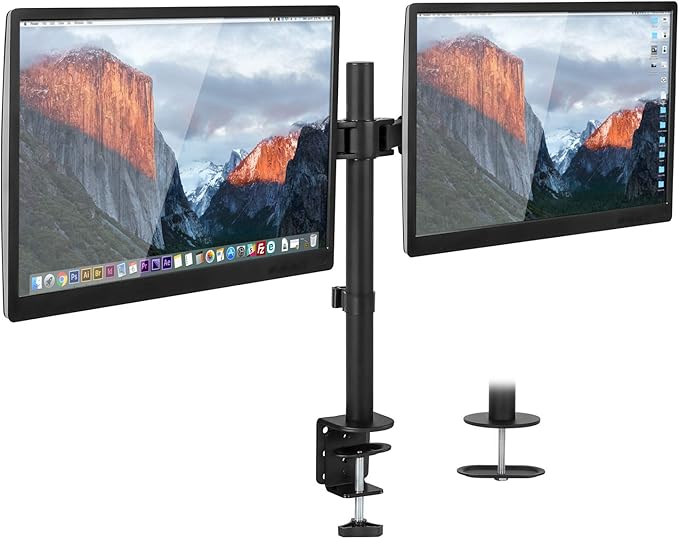 Mount-It! Dual Monitor Mount | Double Monitor Desk Stand | Two Heavy Duty Full Motion Adjustable Arms Fit 2 Computer Screens 17 19 20 21 22 24 27 Inch | VESA 75 100 | C-Clamp and Grommet Base