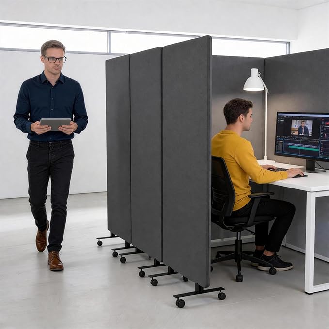 72" X 66" Partition Room dividers, 3 Panel Sound Proof Dividers for Office Partitions, Room Divider Privacy Panel with Wheels, Portable Temporary Wall for Office, Studio, School, Hospital(Dark Grey)