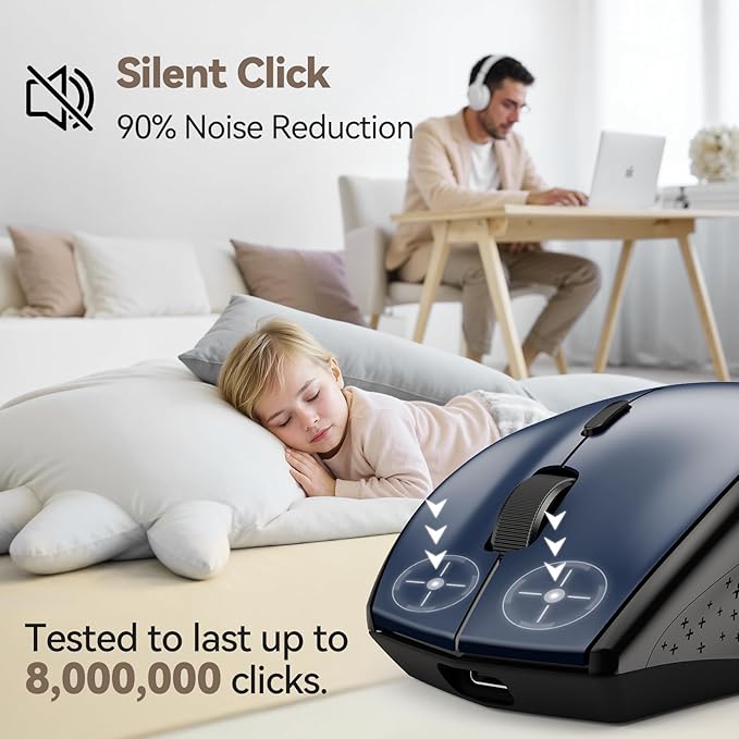 TECKNET Rechargeable Mouse with Jiggler, Plug & Play, 2.4G Connection with USB-C Adapter, Silent Mouse Quiet Click, 6400 DPI Ergonomic Mouse, Cordless Computer Mice for Laptop, Desktop, PC