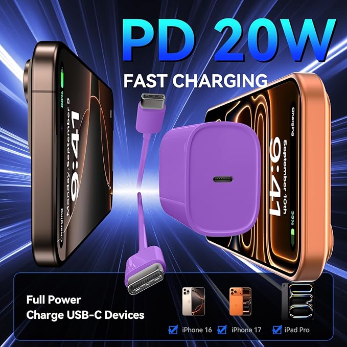 Phone 17 16 15 Pro Charger Fast Charging, 20W USB C Fast Charger Block with 6.6FT Long Type C Chargers Fast Charging Cable Cord for Phone 17/17 Pro/17 Pro Max/Air/16 Pro Max/16 Pro/15Pro Max/Pro, S24