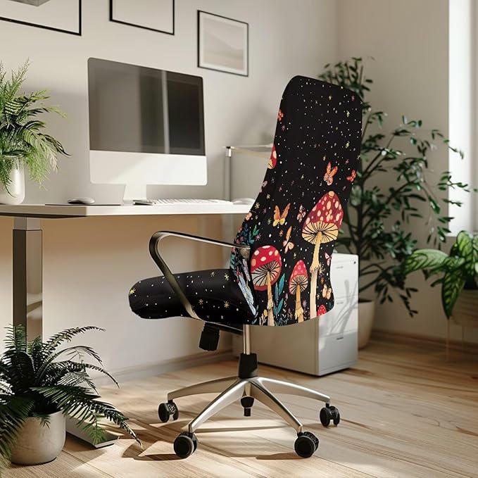 Talayituse Mushroom Butterfly Flower Print Office Chair Covers Stretch Computer Chair Slipcover Removable Boss Chair Seat Cushion Protectors for Armrest Chair Universal Rotating Chair, L