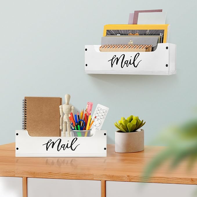 White Wooden Mail Organizer Countertop - Mail Organizer Wall Mounted, Office Mail Holder, Desktop Mail Basket for Counter, Letter Holder Box for Home Office Decor (White + Black, 3.15")