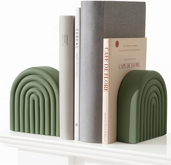 2 Pcs Boho Arch Concrete Bookends for Shelves Decorative Rainbow Book Holder Stopper with Anti Slip Pads for Heavy Books Home Office Aesthetic Library Decor(Sage Green)