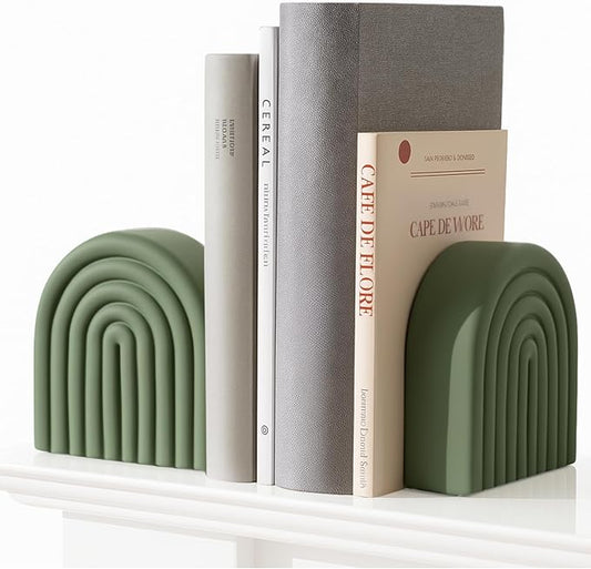 2 Pcs Boho Arch Concrete Bookends for Shelves Decorative Rainbow Book Holder Stopper with Anti Slip Pads for Heavy Books Home Office Aesthetic Library Decor(Sage Green)