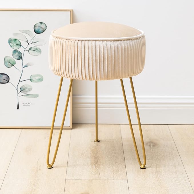 LUE BONA Pleated Vanity Stool, Velvet Upholstered Round Modern Stool for Makeup Room, Ottoman Footrest with Metal Legs for Living Room, Bedroom, Champagne