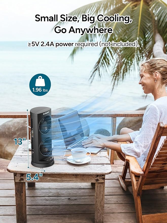 DR.PREPARE Desk Fan USB DC Tower Cooling Fan with Remote Control, DC Motor Portable Oscillating Fan, 3 Speeds, Dual Air Circulation, 110° Oscillation, Table Fan for Bedroom Dorm Room Office Desktop