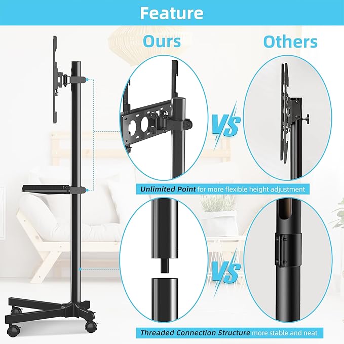Mobile TV Carts on Wheels for 21-60 Inch Flat/Curved Panel Screens TVs - Height Adjustable Floor Trolley Stand with Shelf Holds up to 77lbs - Max VESA 400x400mm