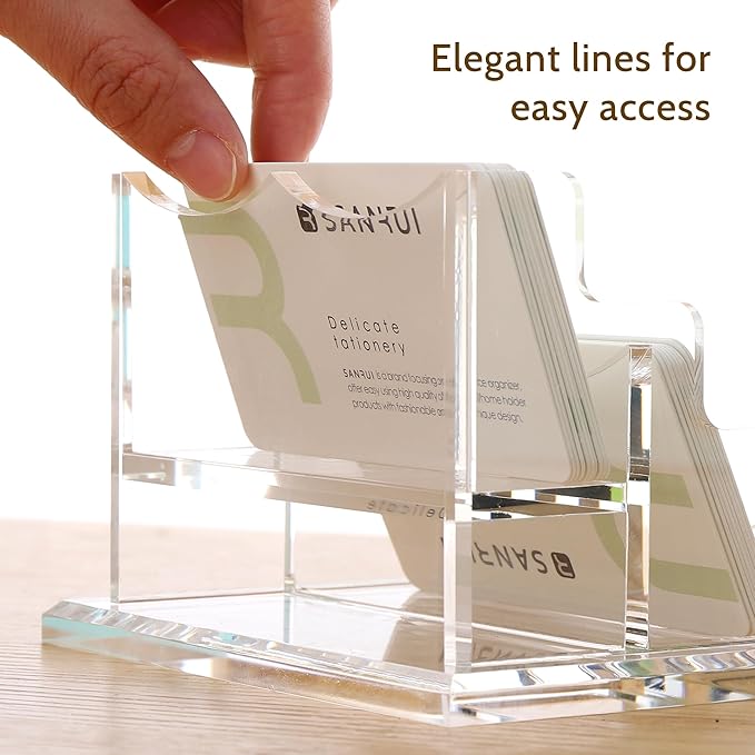 SANRUI Business Card Holder for Desk, Clear Acrylic Business Card Holders Horizontal Business Card Display Stand 2 Slots（Patent No.:US D1,001,889 S）