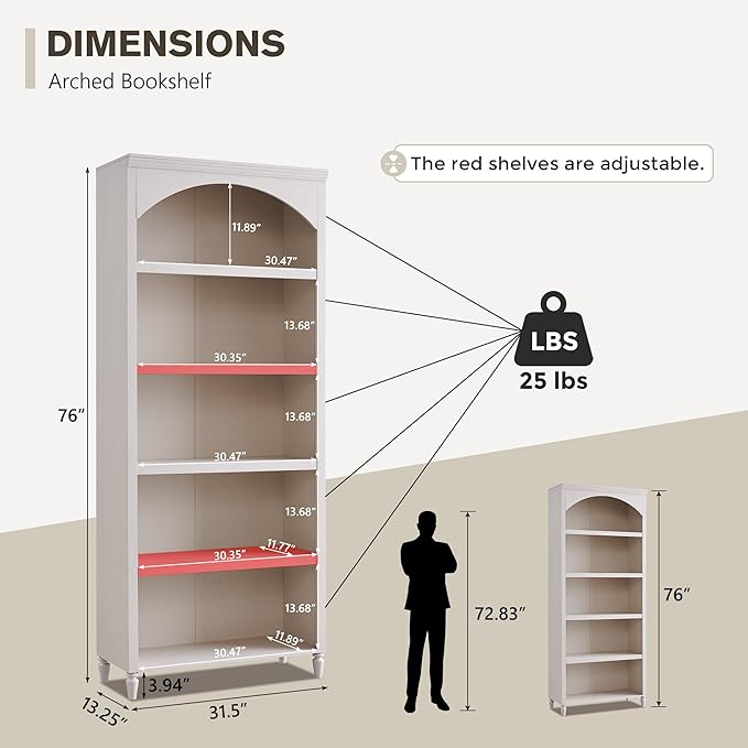 IFGET 76" Tall Arched Bookcase, Farmhouse 5 Tiers Large Arched Bookshelf Cabinet with Adjustable Shelves, Modern Wooden Book Shelf w/Storage and Open Display Shelves for Living Room, Office-Cream