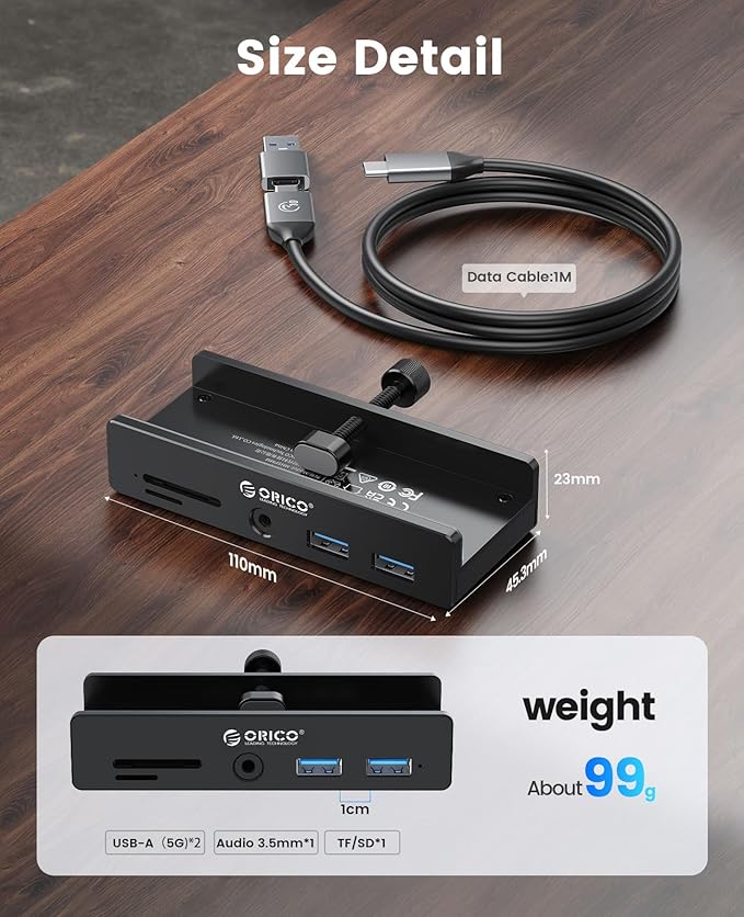 ORICO USB Hub 3.0, Clamp USB Hub with Extra Power Port, Aluminum USB C Adapter with 2 USB-A Data Ports,3.5mm AUX, SD/TF Card Reader for Desktop(Black)
