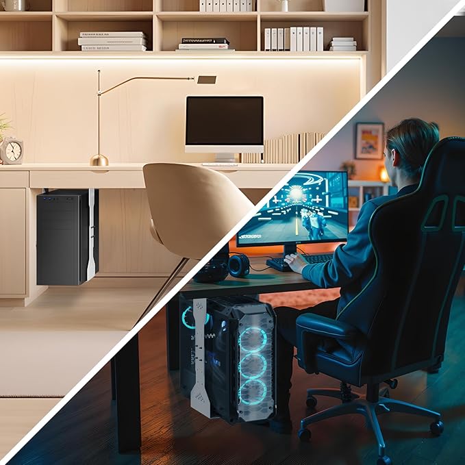 PUTORSEN Under Desk PC Mount, 7.9-13.4’’ Width Adjustable Computer Tower Stand, up to 77 lbs, with Protective Mats, for Mid/Mini-Tower Case in Office,Gaming, Laboratory and Home, White