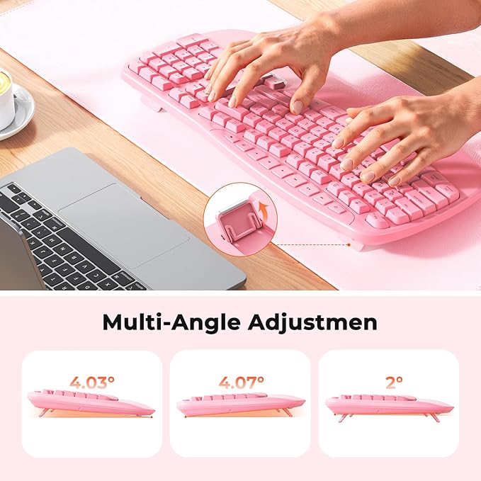 MEETION Wireless Ergonomic Keyboard, Wave Keys Wrist Rest for Natural Typing, 2.4G USB-A Cordless Receiver and USB-C Adapter, Ergo Computer Keyboard Compatible with Windows/Mac/PC/Laptop, Pink