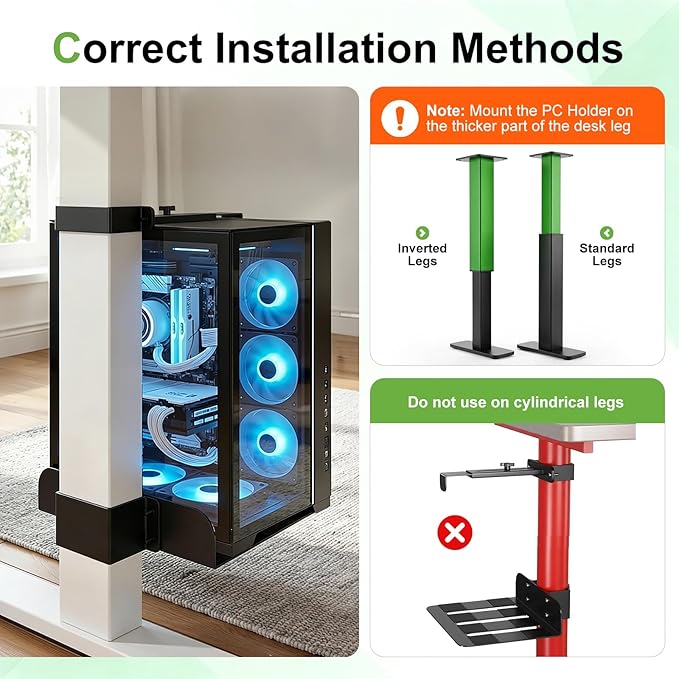 Clamp-On Under Desk PC Mount, No Drilling Adjustable Desk Leg Computer Mount Width Adjustable from 5.7" to 9.8", Holds Up to 40 lbs Heavy Duty PC Tower Stand for Under Desk, Fits 80mm×50mm Legs