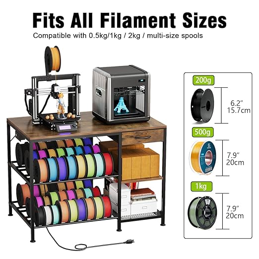 3D Printer Table with Filament Storage, 3-Tier 3D Printer Stand with Power Outlet & Drawer, Heavy Duty 3D Printer Rack for Workshop Studio Office (Brown)