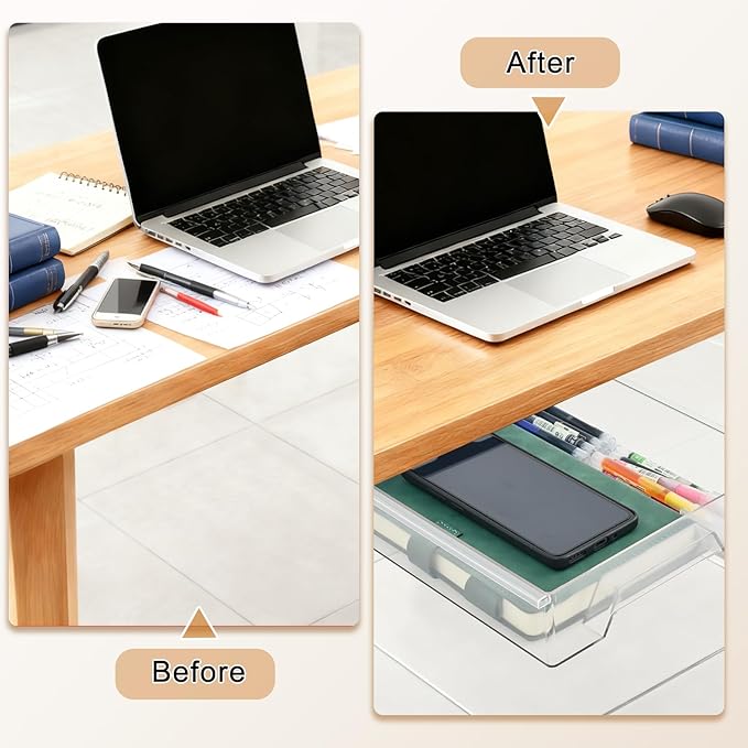 Under Desk Drawer Organizer, Self Adhesive Hidden Drawer Storage, Slide Out Desk Organizer, Space Saving Pencil & Accessories Organizer, Under Table Storage for Home Office & School, Clear
