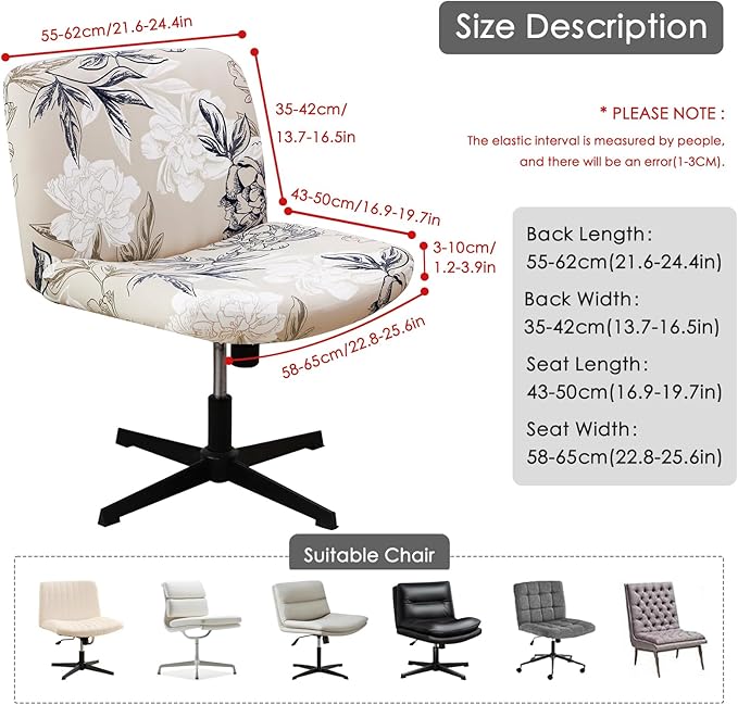 Criss Cross Chair Cover Waterproof Elegant Flower Wide Armless Vanity Desk Chair Slipcover 1 Piece Washable