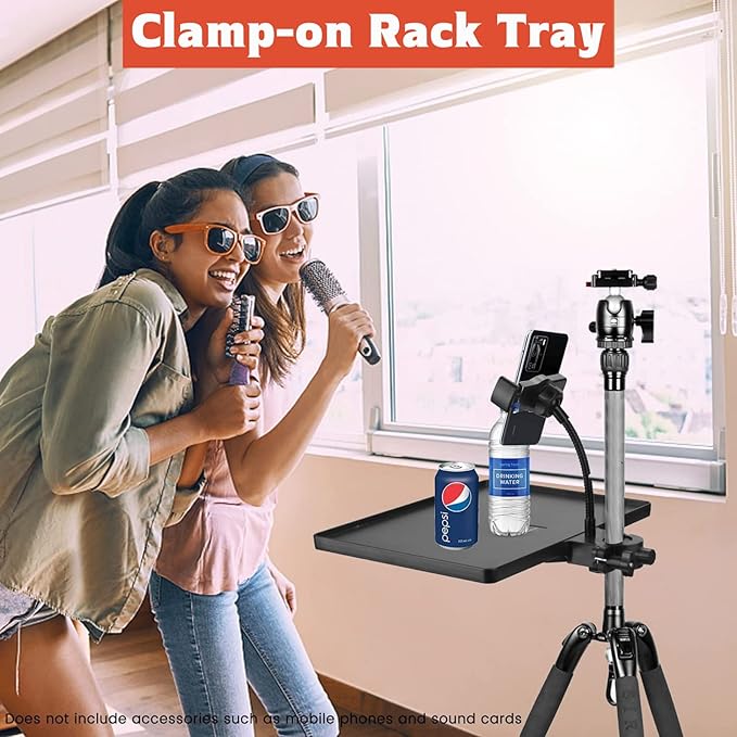 Universal Microphone Stand Tray, Adjustable Mic Stand Clamp-On Utility Shelf Rack Tray Holder for Music Sheet, Live Streaming, Concert Performance, Karaoke, Recording, Music Stand Accessories