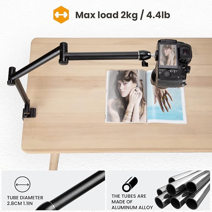 TARION Camera Desk Mount Stand - Articulating Arm, Flexible Overhead Mount, Adjustable Heavy Duty Tabletop DSLR Arm Boom for Flat Photography, Videography, Filming, Live Streaming TKB01