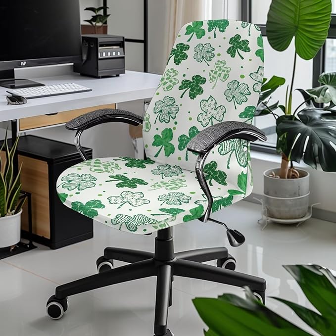 Talayituse White Shamrock Print Office Chair Covers, Stretch Computer Chair Cover, Universal Boss Chairs Covers Modern Simplism Style High Back Chairs Slipcover St Patrick's Day Decor, Large