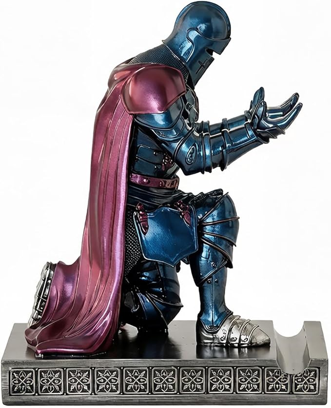 Medieval Armored Warrior Wearing Outerwear, Mobile Phone Stand Knight Pen Holder Desk Organizers, Resin Bookends Paperweight with a Letter Opener for Desk (Blue&Purple)