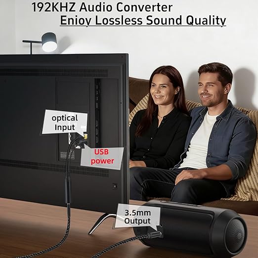 192KHz DAC Optical to 3.5mm Converter,Optical Audio Cable to AUX Cable Adapter,Digital to Analog Audio Converter for HDTV DVD Set-top Boxes (Unidirectional from O-ptical to A UX Only) Aux Cable - 3FT