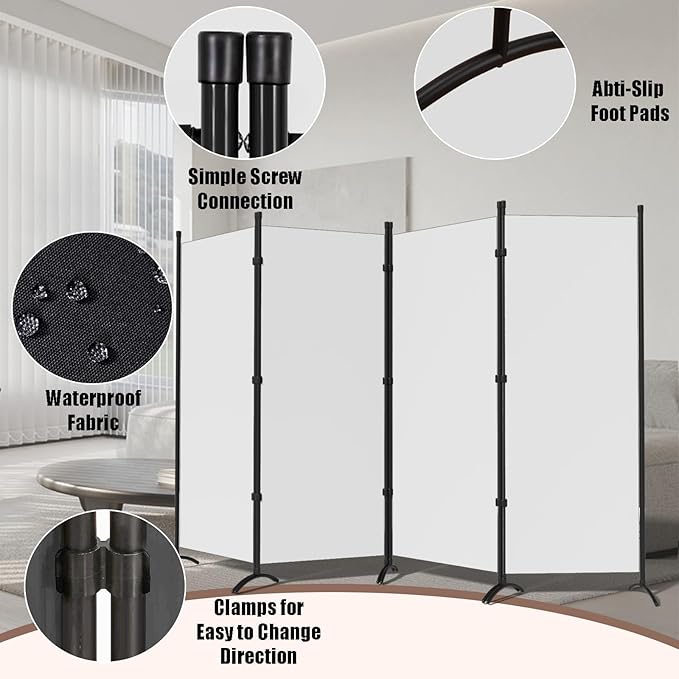 Room Dividers Folding Privacy Screens 4 Panel Partition Screen Steel Frame& Frabic Office Partition for Home Office Dorm Decor White