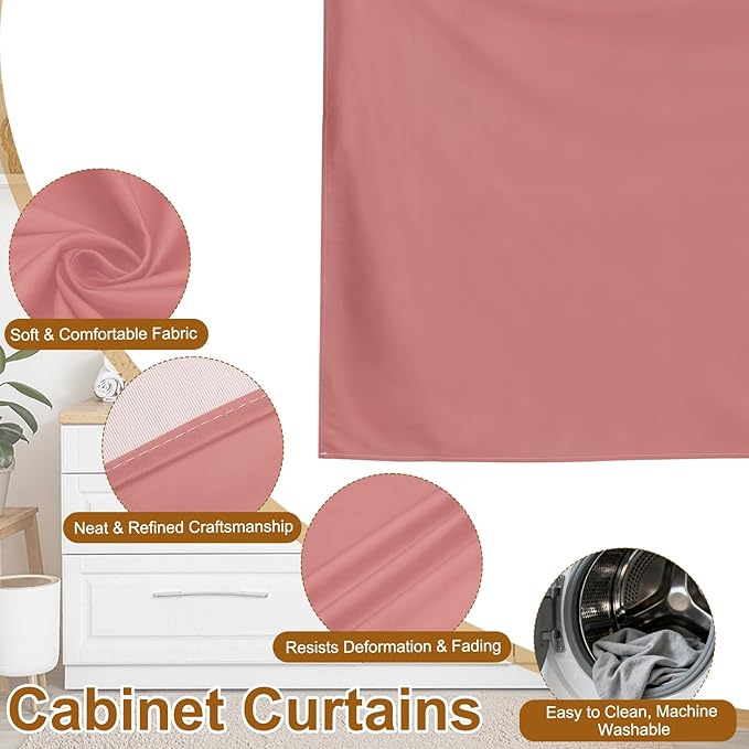 uxcell Cabinet Curtains, Dust Proof Privacy Drape Short Curtain, Hook & Loop Under The Desk Skirt for Kitchen Bathroom Closet Storage Room (51.1" W x 27.6" H, Brown Red)
