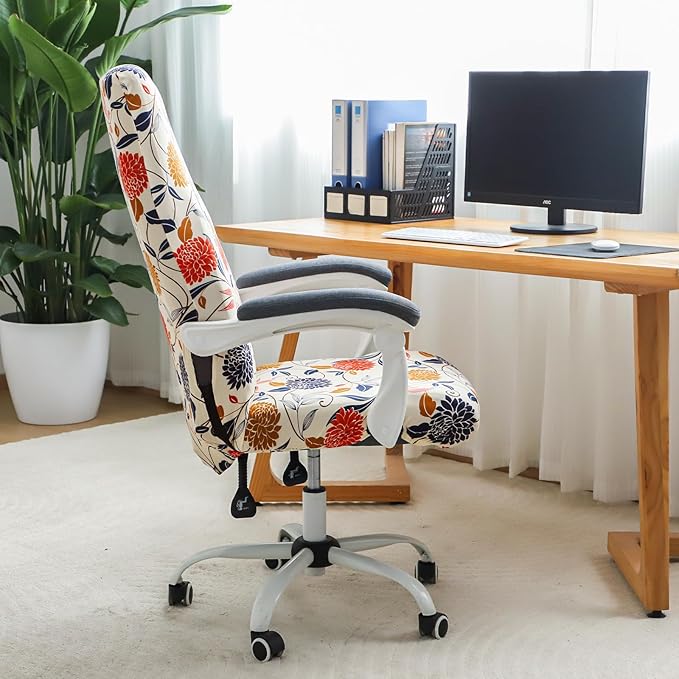 FORCHEER Large Computer Chair Cover with Arm Floral Stretch Office Chair Cover Desk Chair Slipcover 1 Piece Washable Removable