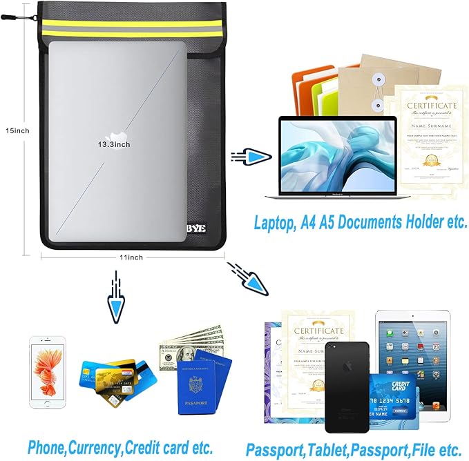 Fireproof Waterproof Money Document Bag - 15"x 11" Safe Zipper Bags with Reflective Strip, Fire & Water Proof Storage Organizer Pouch for Important Documents Holder,File,Cash,Passport,Tablet (Black)
