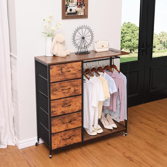 5 Drawer Fabric Dresser with Clothes/Hanging Rail/Rack Chest of Drawers with Charging Station Wardrobe/Closet Dresser for Bedroom, Brown