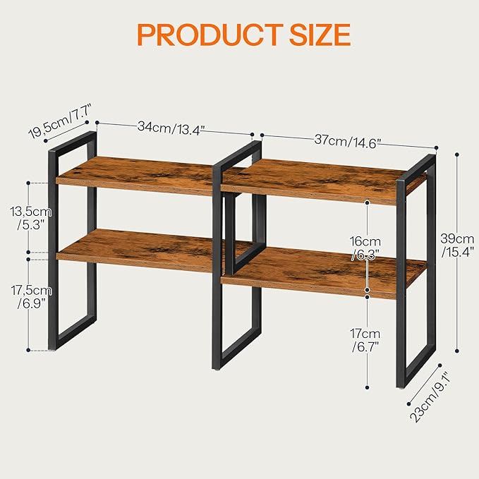 HOOBRO Desk Shelf Organizer, Adjustable Desktop Bookshelf, 2-Tier Shelf for Top of Desk, Wooden Office Storage Rack, for Office, Study, Kitchen, Dorm, Rustic Brown and Black BF39SJ01