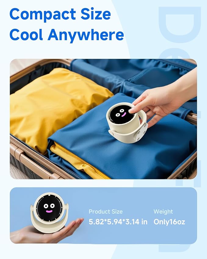 YOSHENMO Portable Desk Fan for Bedroom, Turbo Table Fans with smile icon LED Display, 6-inch, 5-Speed Strong Airflow, Low Noise, 360° Adjustable Tilt, Suitable for Home, Office, Outdoor, Off-White